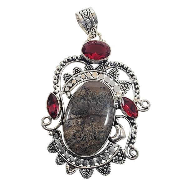 Artisan Silver Pendant with Picasso Jasper and Deep Garnet Gemstone Accents - Picture 1 of 10
